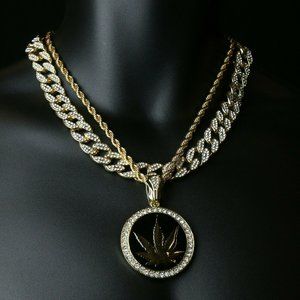 14k Gold Leaf 20" Cuban and Rope Chain + Pendant